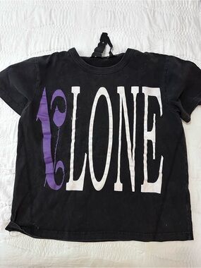 VLONE Black Short-Sleeve Tee with White 'ALONE' Print and Purple Accent